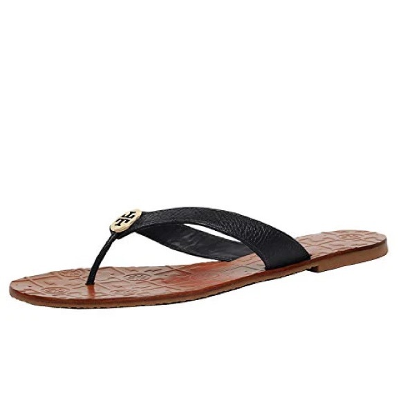 Tory Burch Throra Thong Sandals - Black Leather with Brown Sole - Picture 2 of 13